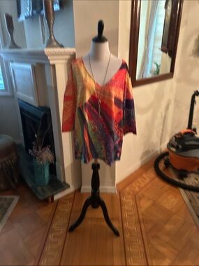 Bright Multicolor V-Neck Women's Blouse - Vibrant Stripe Knit